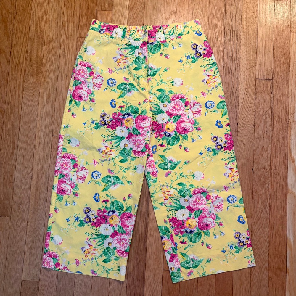 Lauren Ralph Lauren Petite 6P Floral Wide Leg Cropped Pants‎ Yellow Multi Cotton